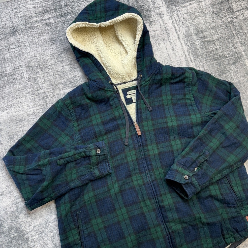 LL Bean Flannel Shacket Womens XL Black Watch Plaid Fleece Lined Zip Up Hoodie